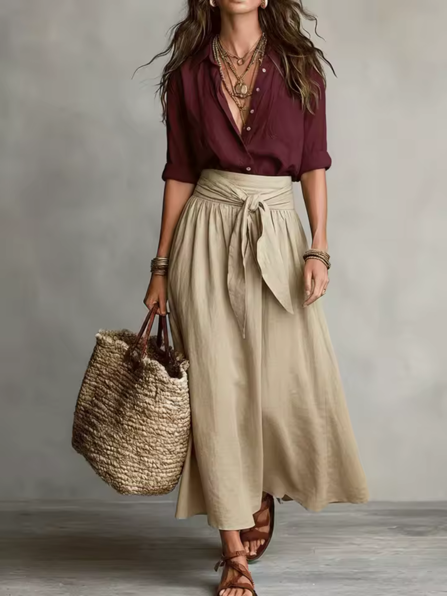 ⛱️Women Black Color-Block T-Shirt and Olive Green Midi Skirt
