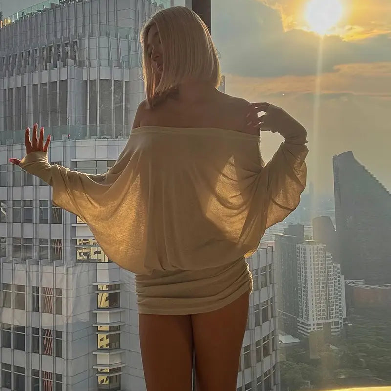 Women's Off The Shoulder Ruched Party Dress Sheer Long Sleeve Mini Dress Elegant Bodycon Dresses
