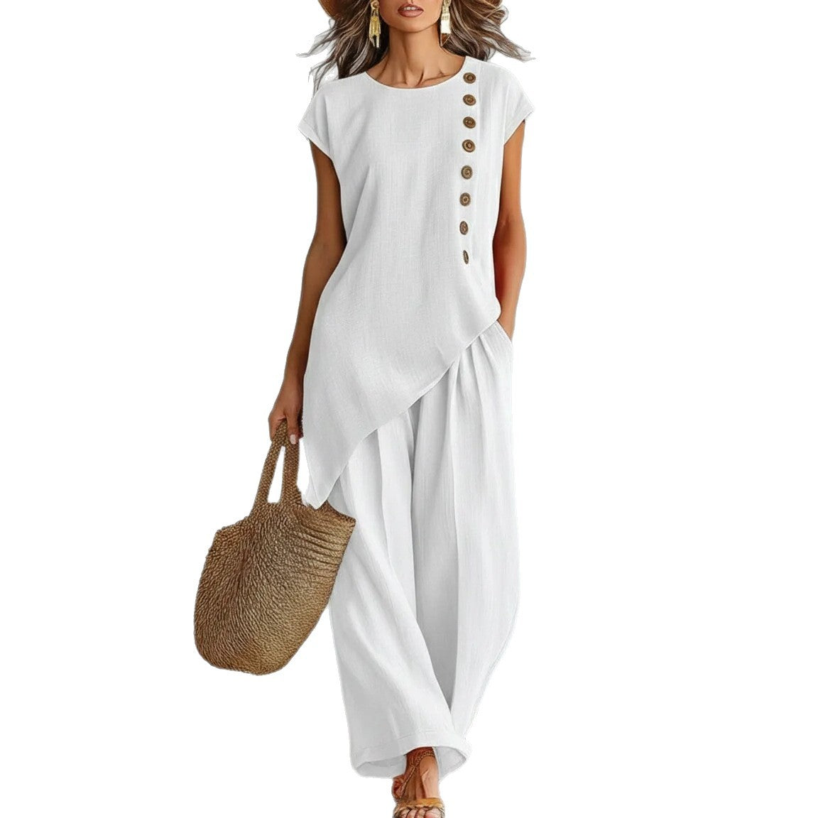 Asymmetrical Short-Sleeved Top And Wide-Leg Trousers Set