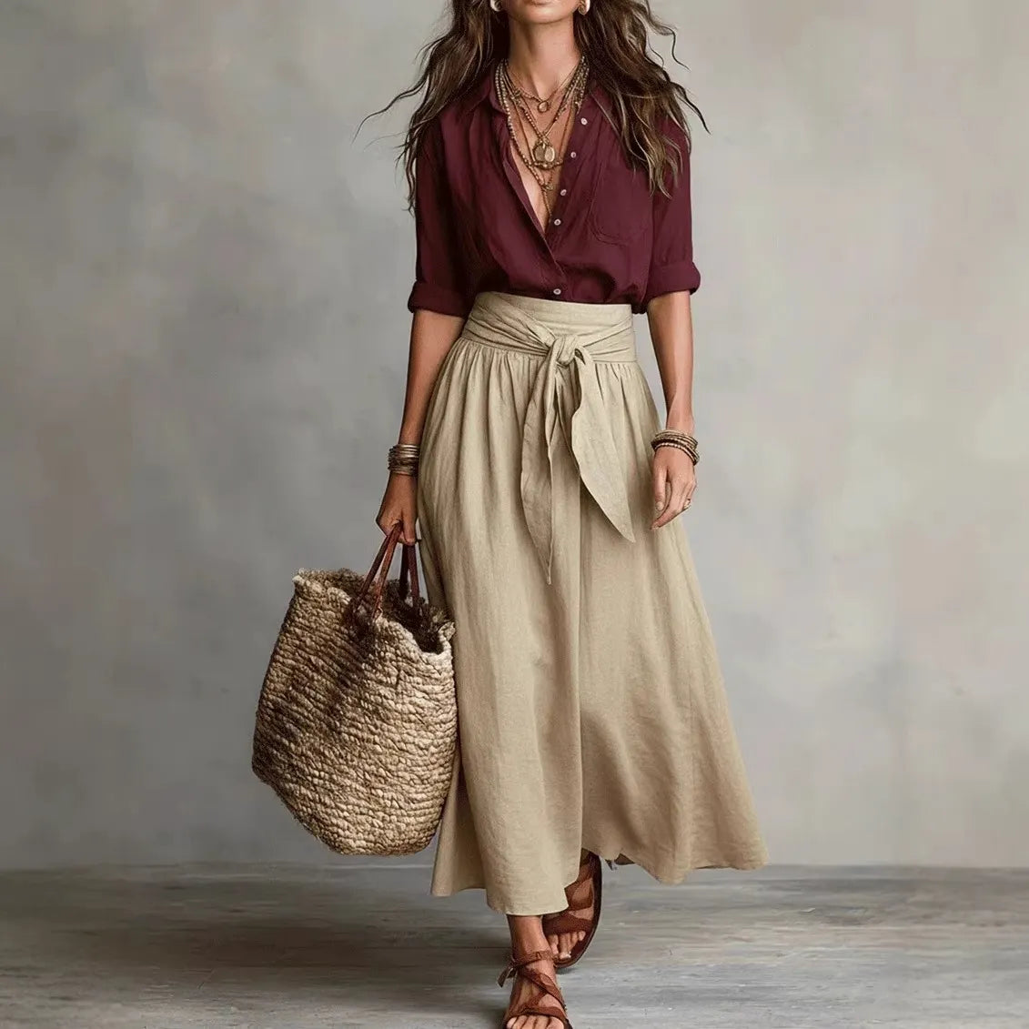 ⛱️Women Black Color-Block T-Shirt and Olive Green Midi Skirt