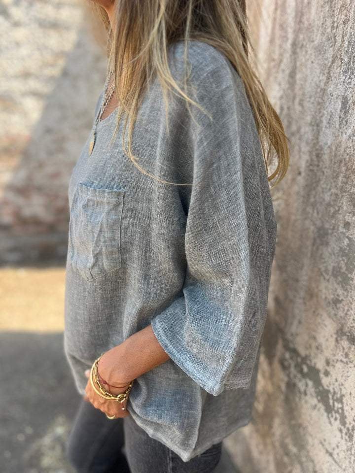 Round Neck Pocket Casual Cotton And Linen T-shirt (Buy 2 Free Shipping)