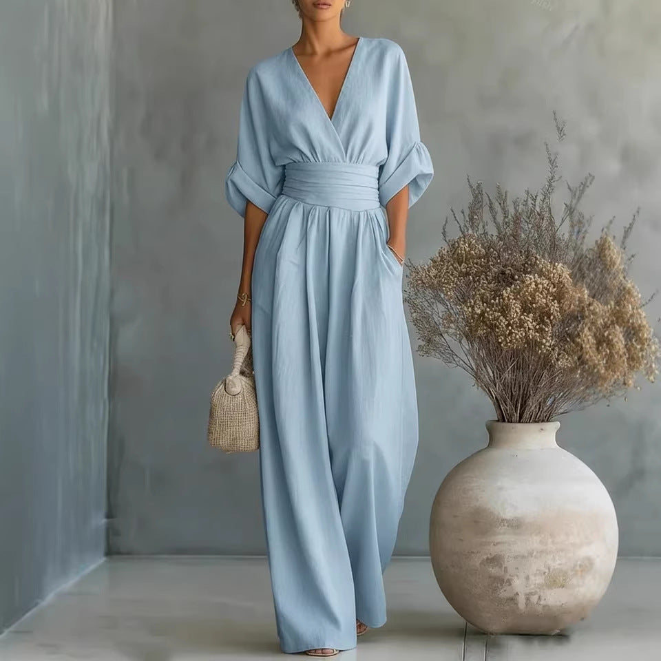 👠Women's Solid-Color Elegant V-Neck Jumpsuit with Waist-Defining Fit