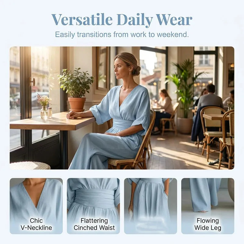 👠Women's Solid-Color Elegant V-Neck Jumpsuit with Waist-Defining Fit