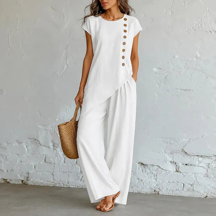 Asymmetrical Short-Sleeved Top And Wide-Leg Trousers Set