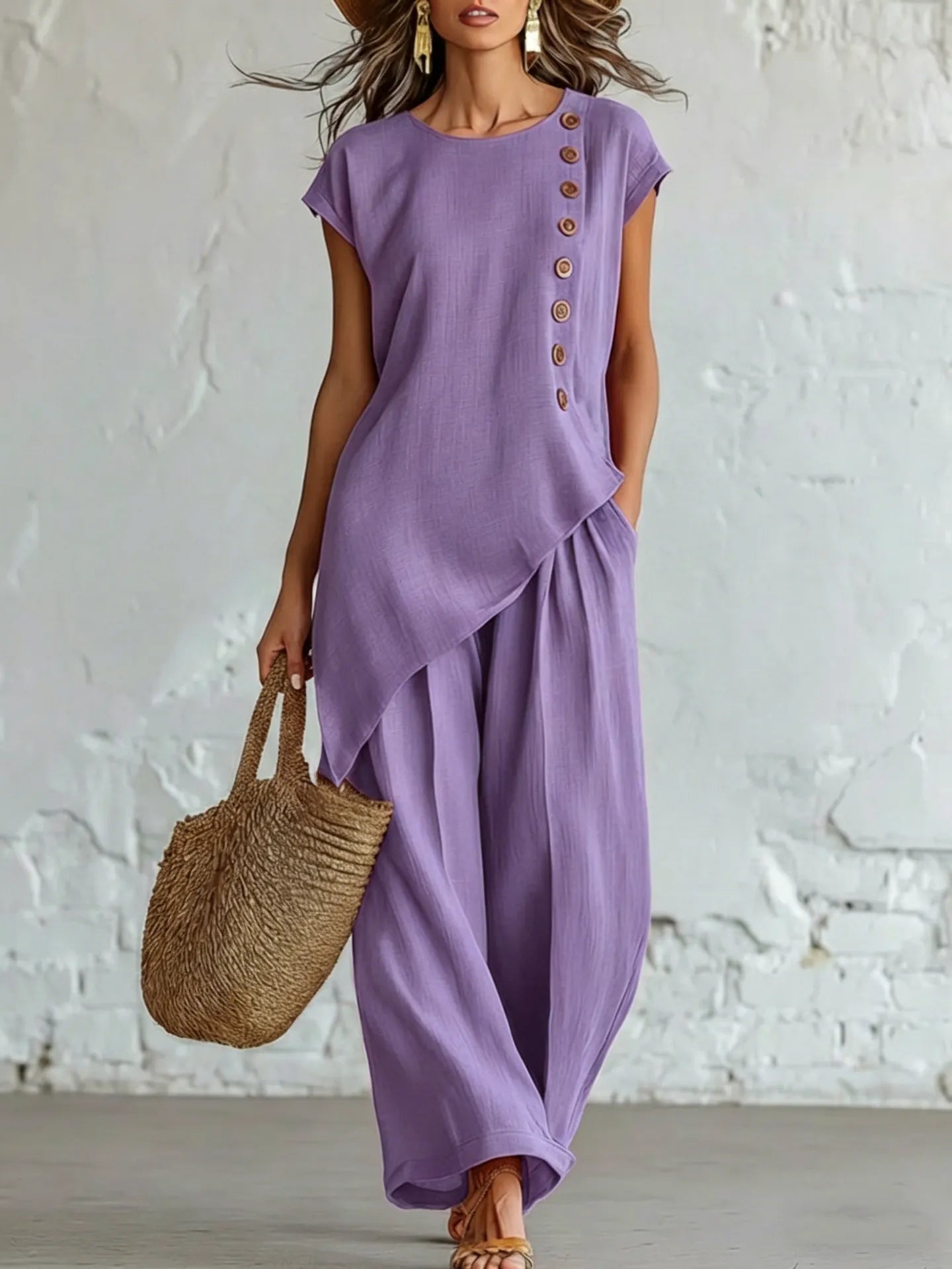 Asymmetrical Short-Sleeved Top And Wide-Leg Trousers Set