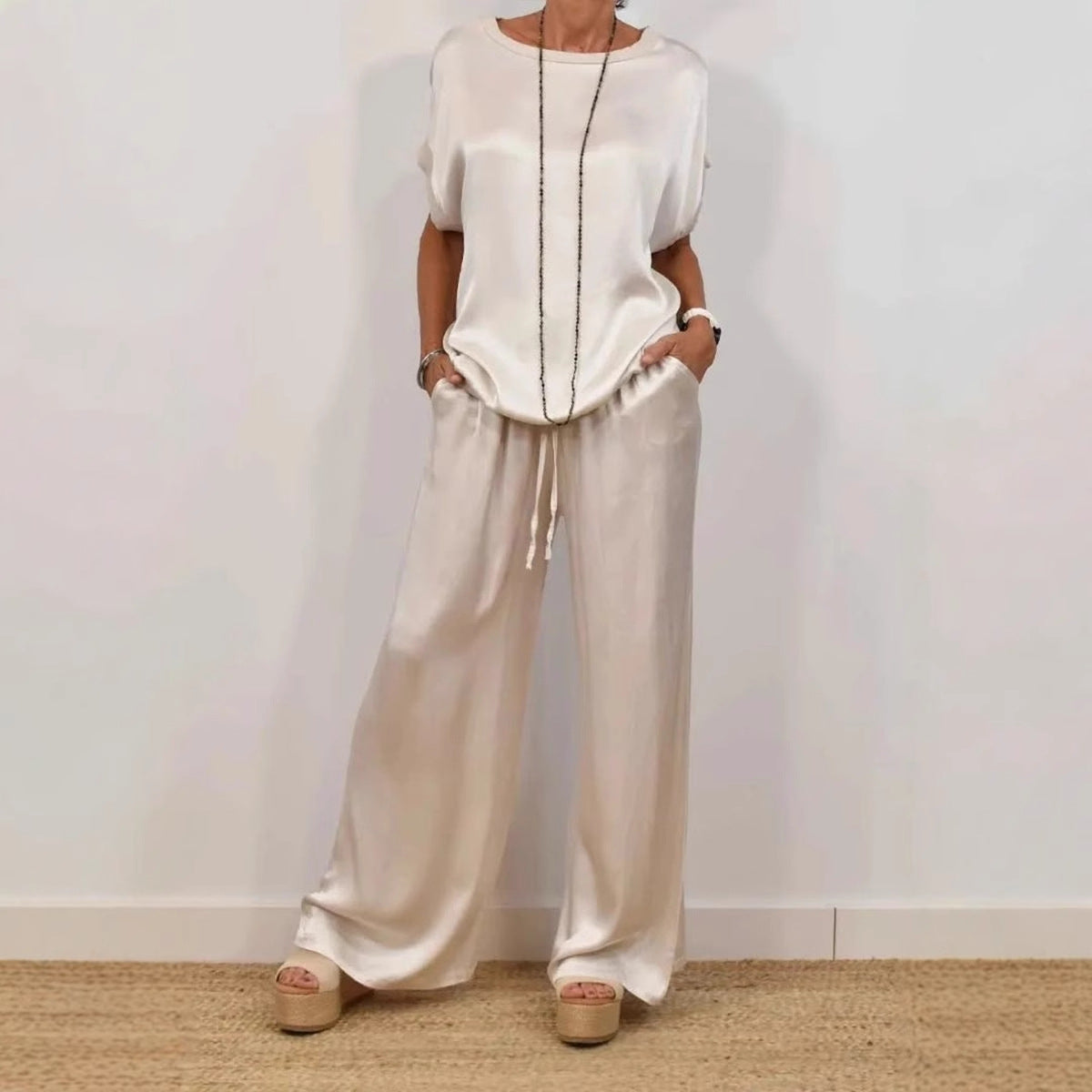 Women's Solid-Color Satin Casual Set（Short-Sleeve Top & Long Pants）