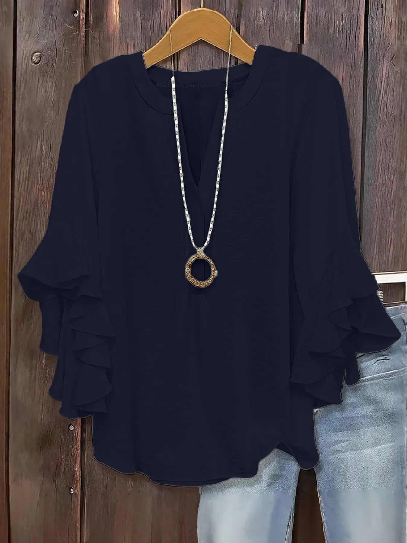 Women's V-Neck Top With Ruffle Sleeves