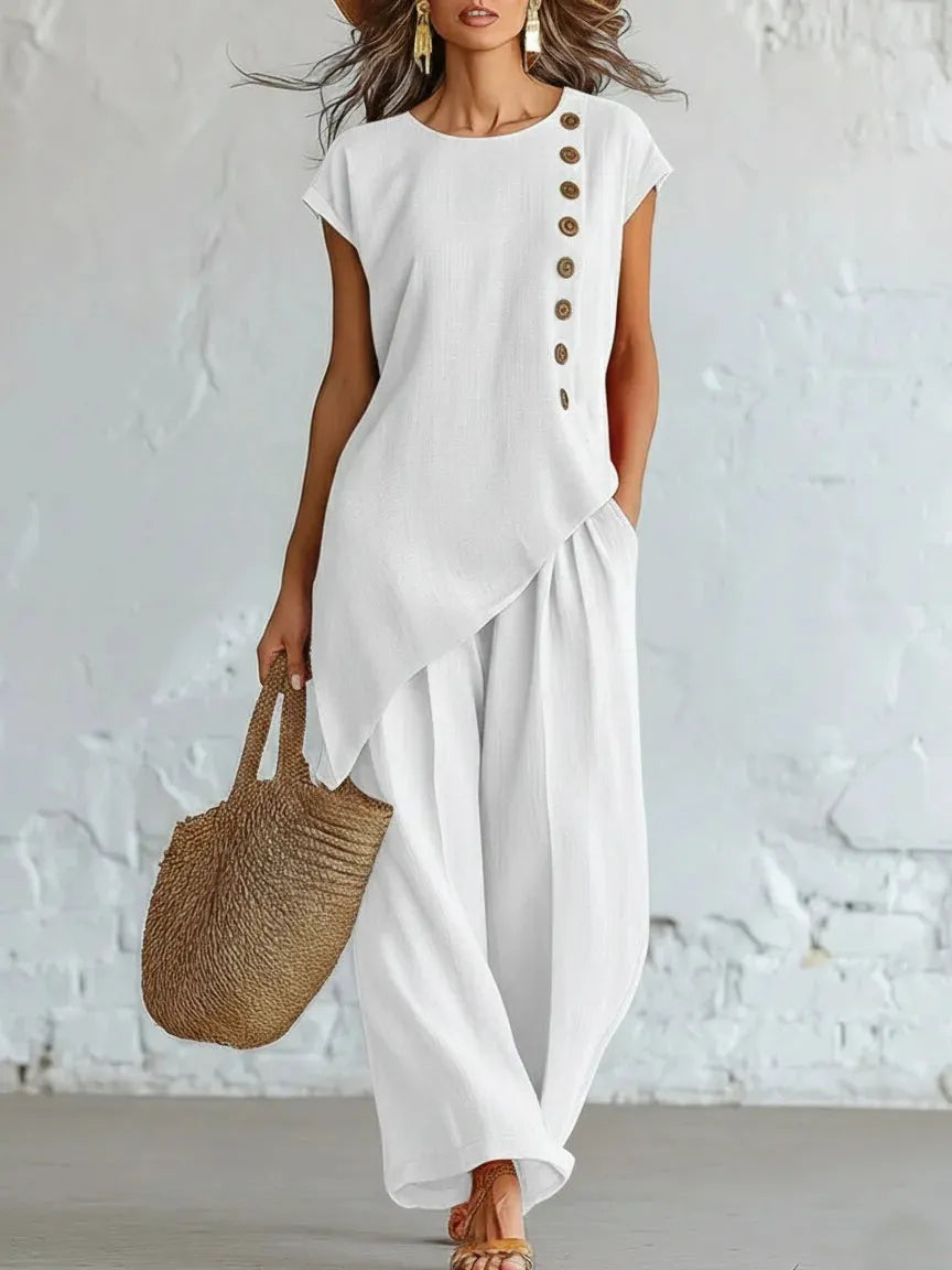 Asymmetrical Short-Sleeved Top And Wide-Leg Trousers Set