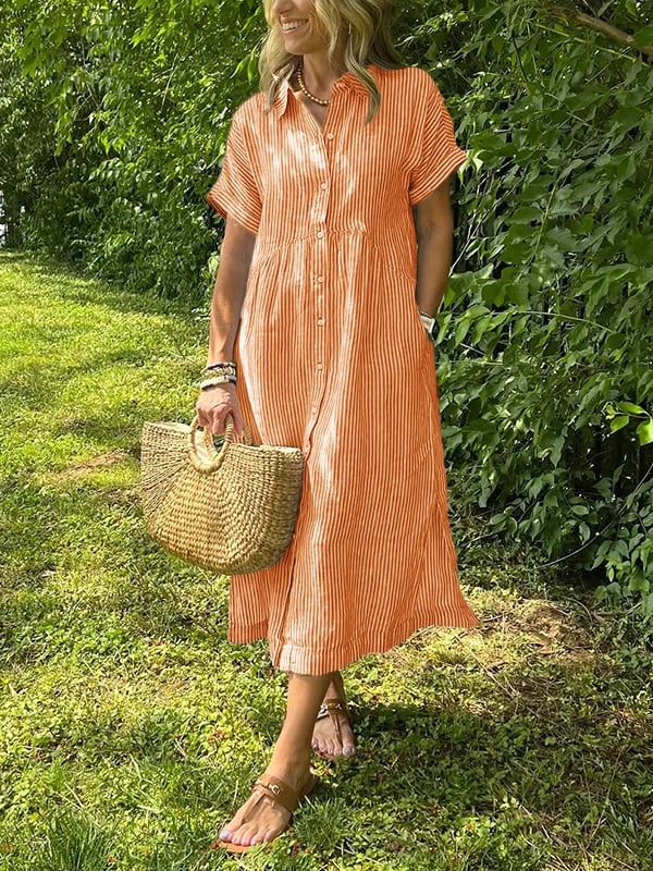 Striped Lapel Button Down Shirt Dress-With Functional Pockets