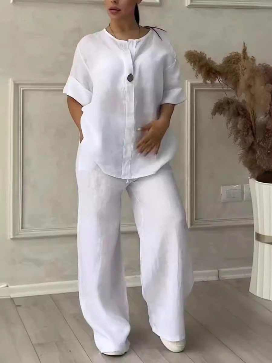 Women's Casual Button Decorated Cotton And Linen Two-Piece Set