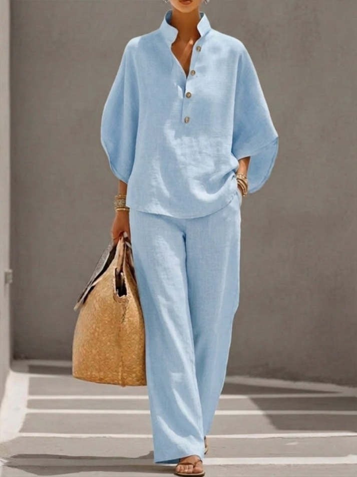 Women Batwing Sleeve Linen Cotton Two-Piece Set – Casual Shirt & Wide Leg Pants Outfit