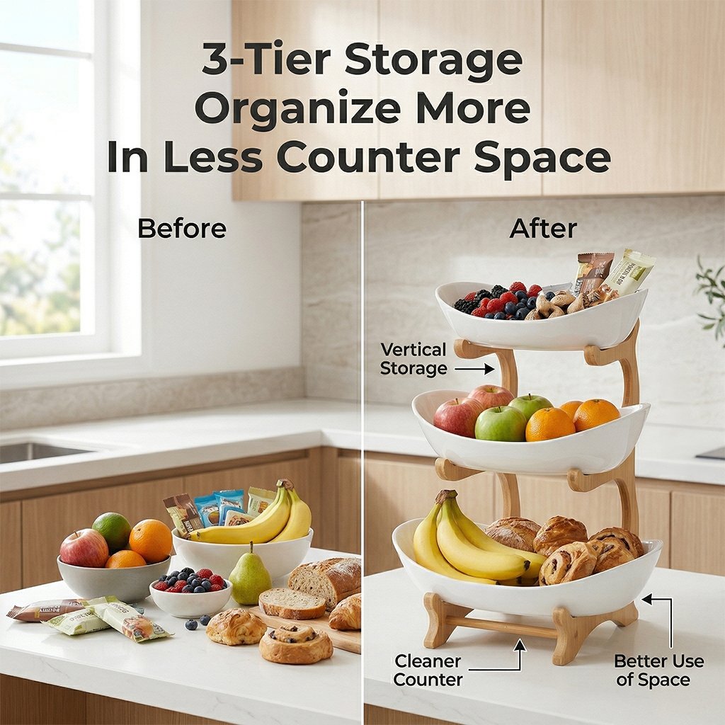 3-Tier Vertical Fruit Basket with Bamboo Stand