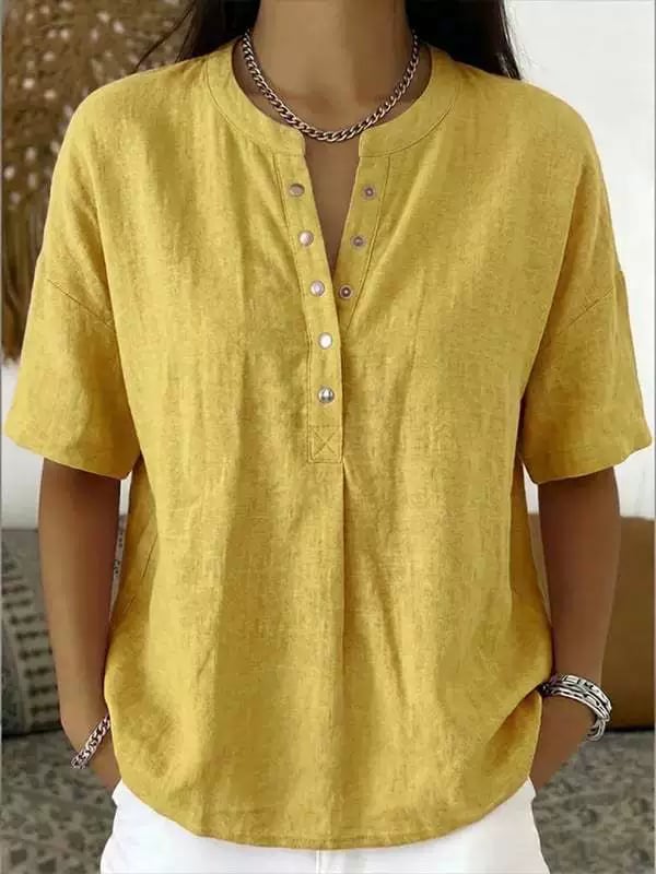 Women’s Casual Henley Collar Linen And Cotton Short-Sleeve Shirt