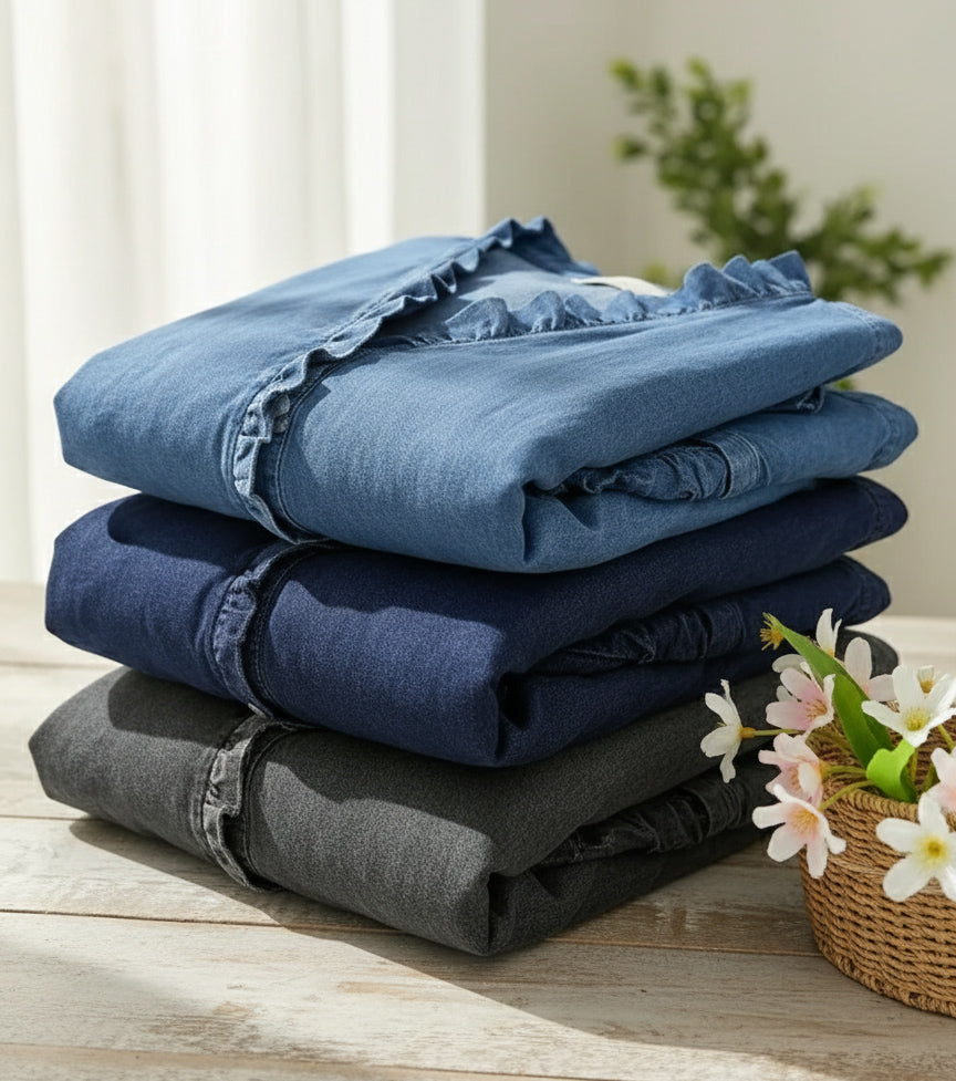 Women's Casual Faux Denim V-Neck Ruffled Blouse