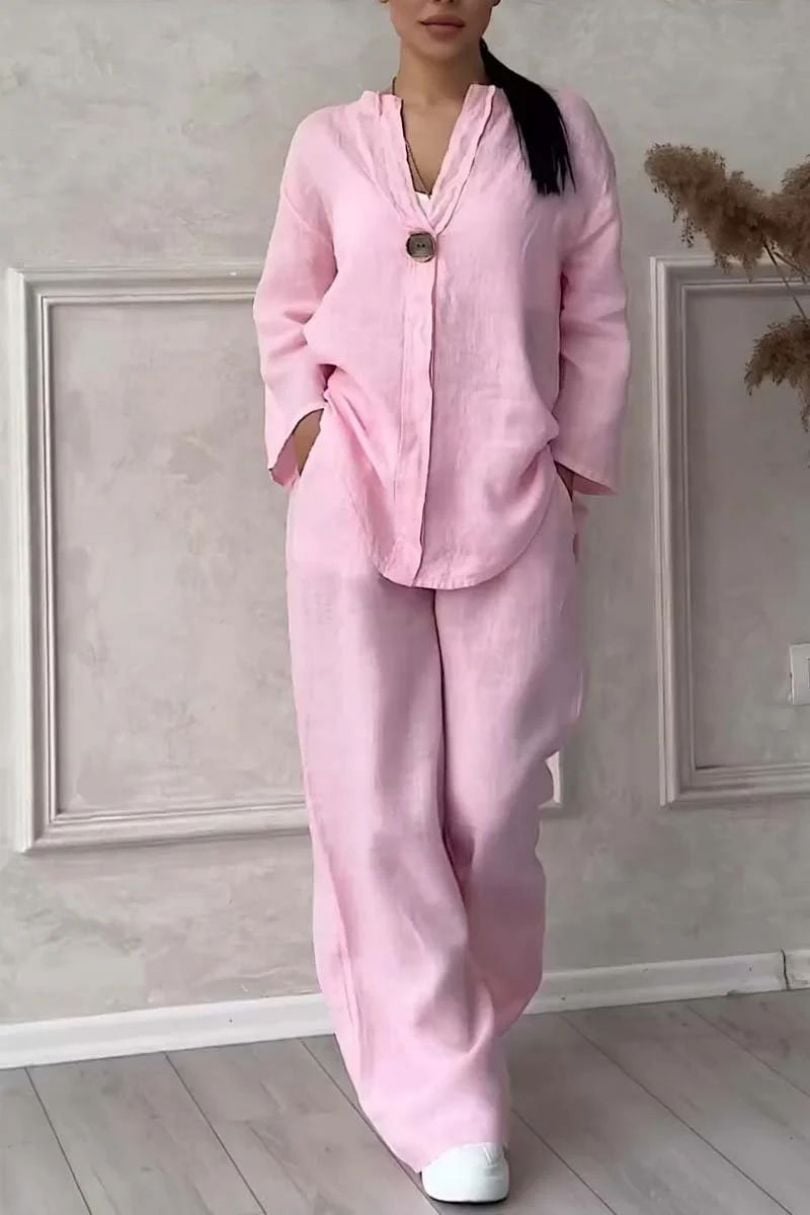 Women's Casual Button Decorated Cotton And Linen Two-Piece Set