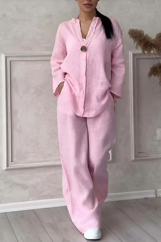 Women's Casual Button Decorated Cotton And Linen Two-Piece Set