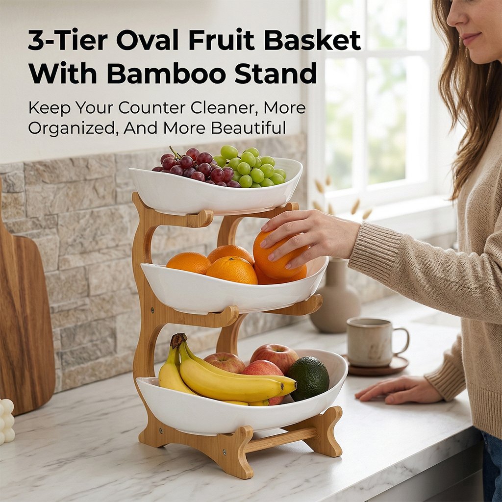 3-Tier Vertical Fruit Basket with Bamboo Stand