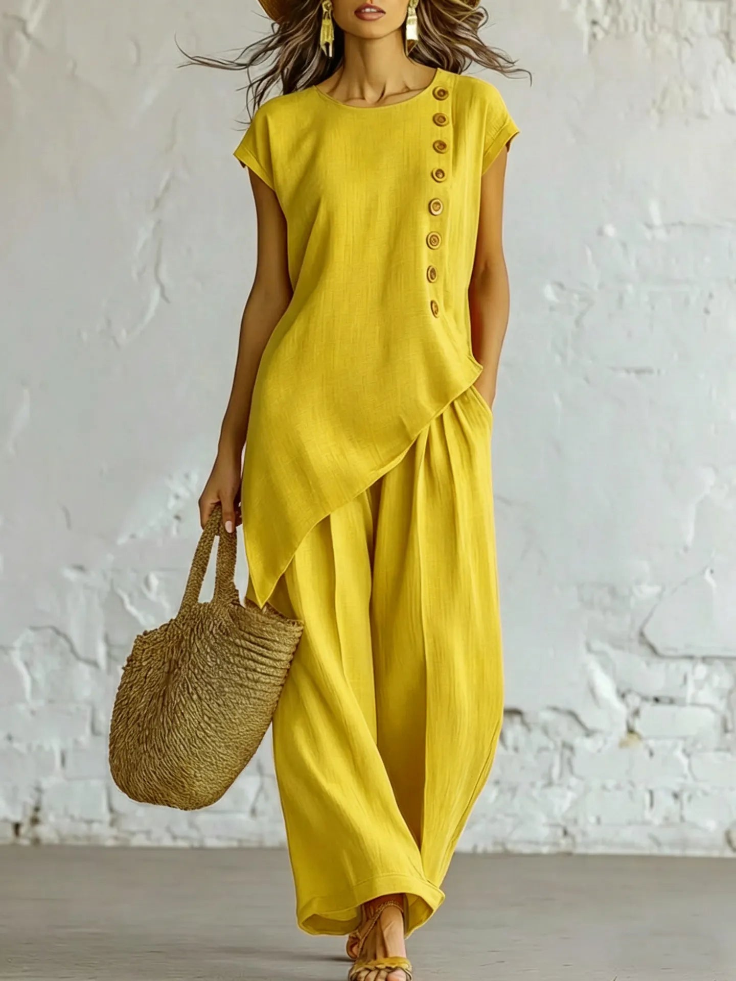 Asymmetrical Short-Sleeved Top And Wide-Leg Trousers Set