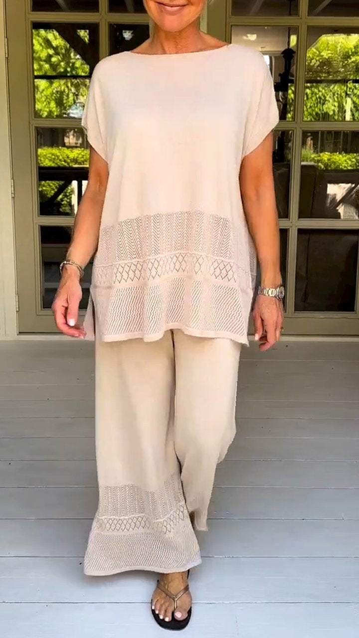 Two-Piece Suit with Round Neck, Short Sleeves and Cutout Design