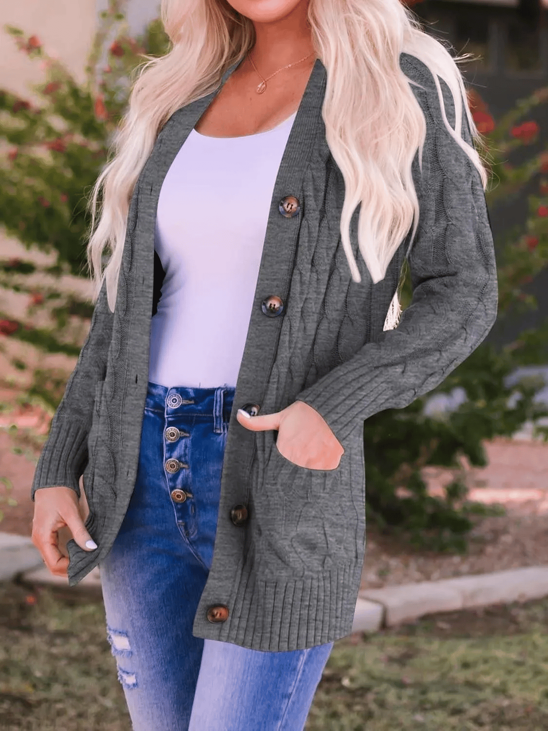 Women's Fall Casual Long Sleeve Button Down Open Front Cable Knit Cardigan