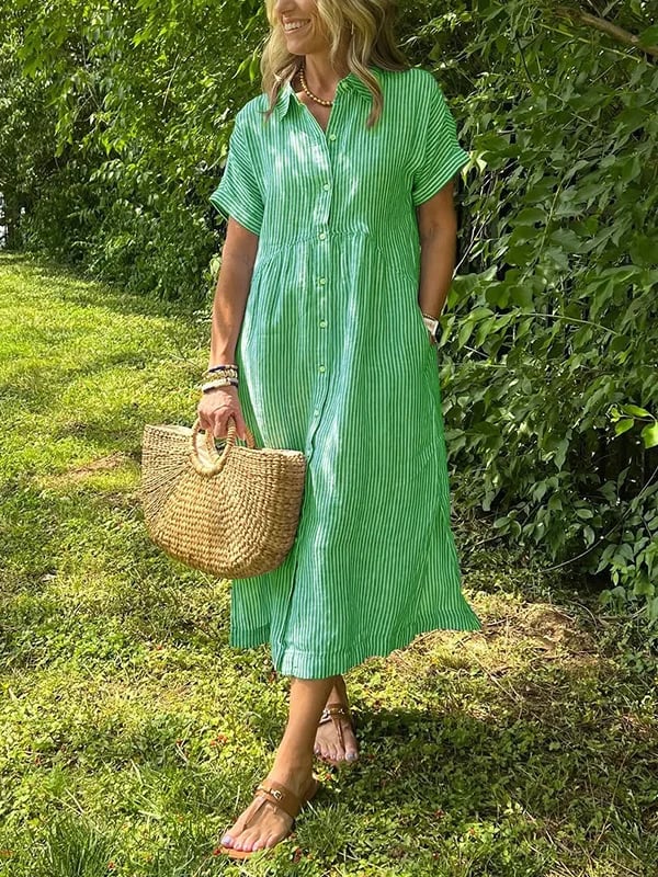 Striped Lapel Button Down Shirt Dress-With Functional Pockets