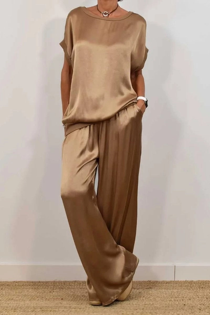 Women's Solid-Color Satin Casual Set（Short-Sleeve Top & Long Pants）