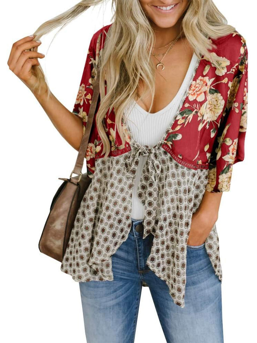 🌸Spring Sale 49% OFF🌸Women's Floral Kimono Ruffle Sleeve Tie Cardigans Flowy Boho Loose Cover Ups