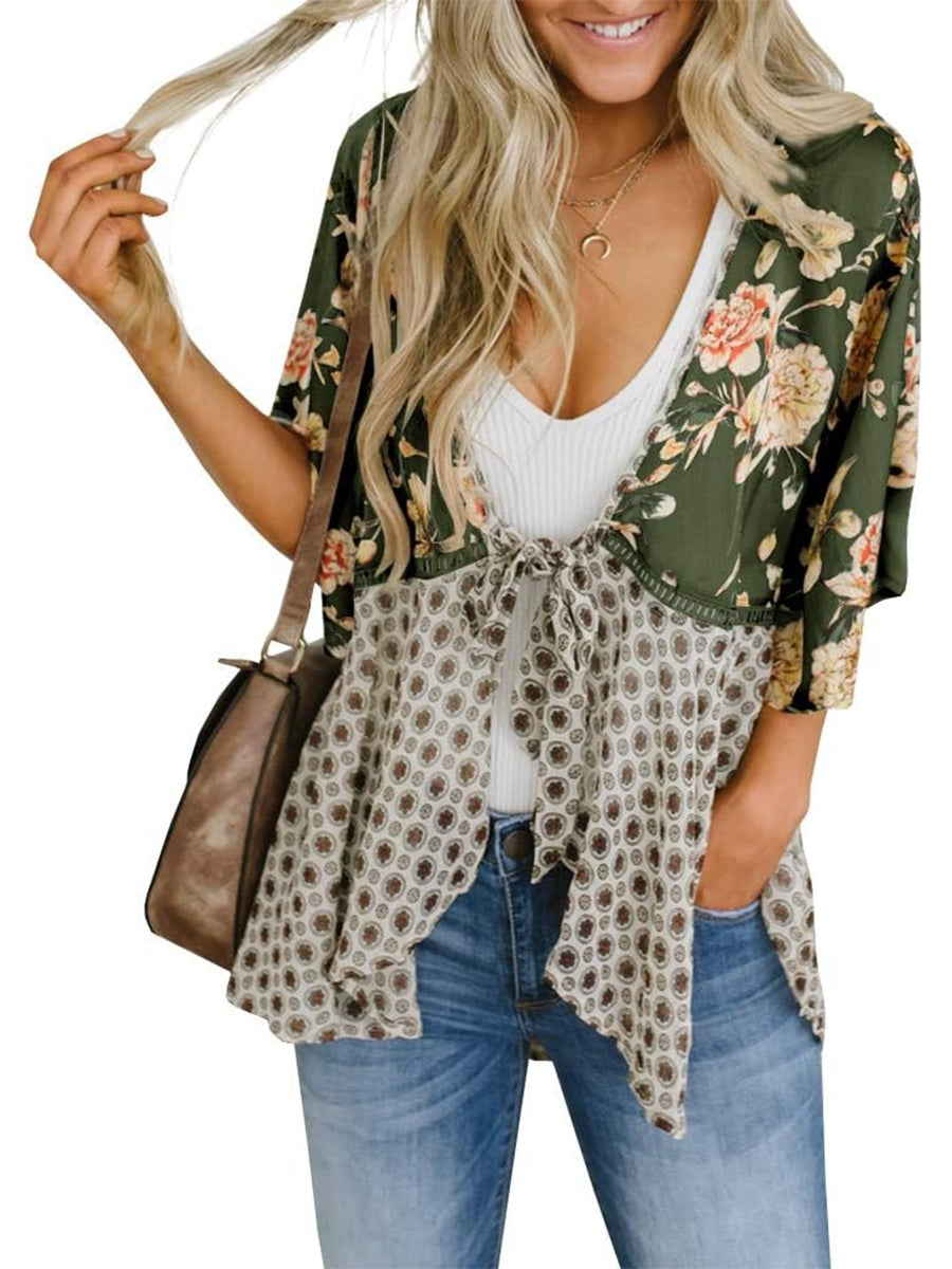 🌸Spring Sale 49% OFF🌸Women's Floral Kimono Ruffle Sleeve Tie Cardigans Flowy Boho Loose Cover Ups