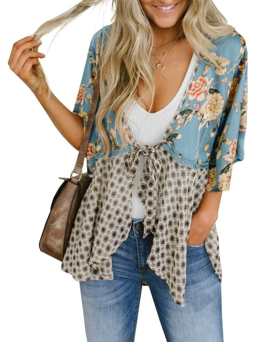 🌸Spring Sale 49% OFF🌸Women's Floral Kimono Ruffle Sleeve Tie Cardigans Flowy Boho Loose Cover Ups
