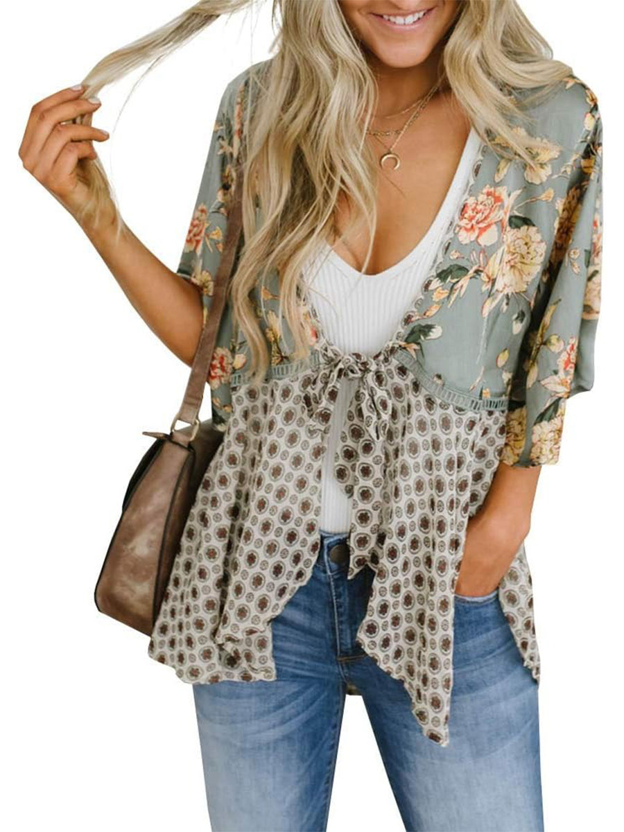 🌸Spring Sale 49% OFF🌸Women's Floral Kimono Ruffle Sleeve Tie Cardigans Flowy Boho Loose Cover Ups