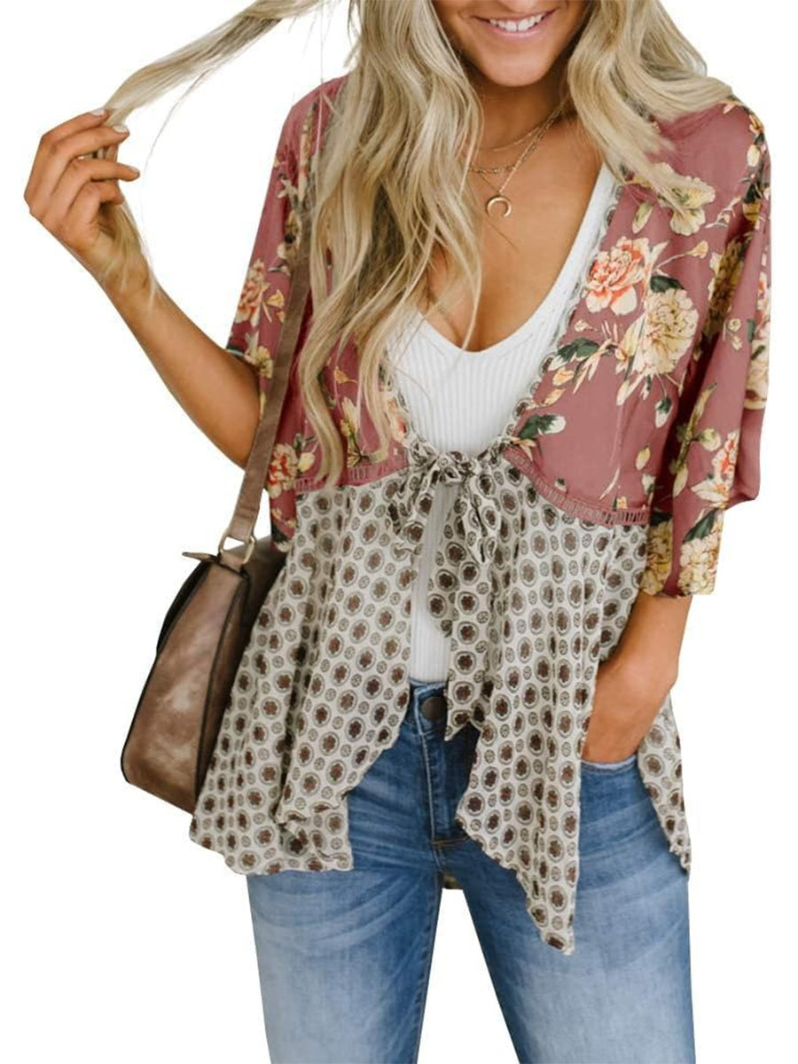 🌸Spring Sale 49% OFF🌸Women's Floral Kimono Ruffle Sleeve Tie Cardigans Flowy Boho Loose Cover Ups