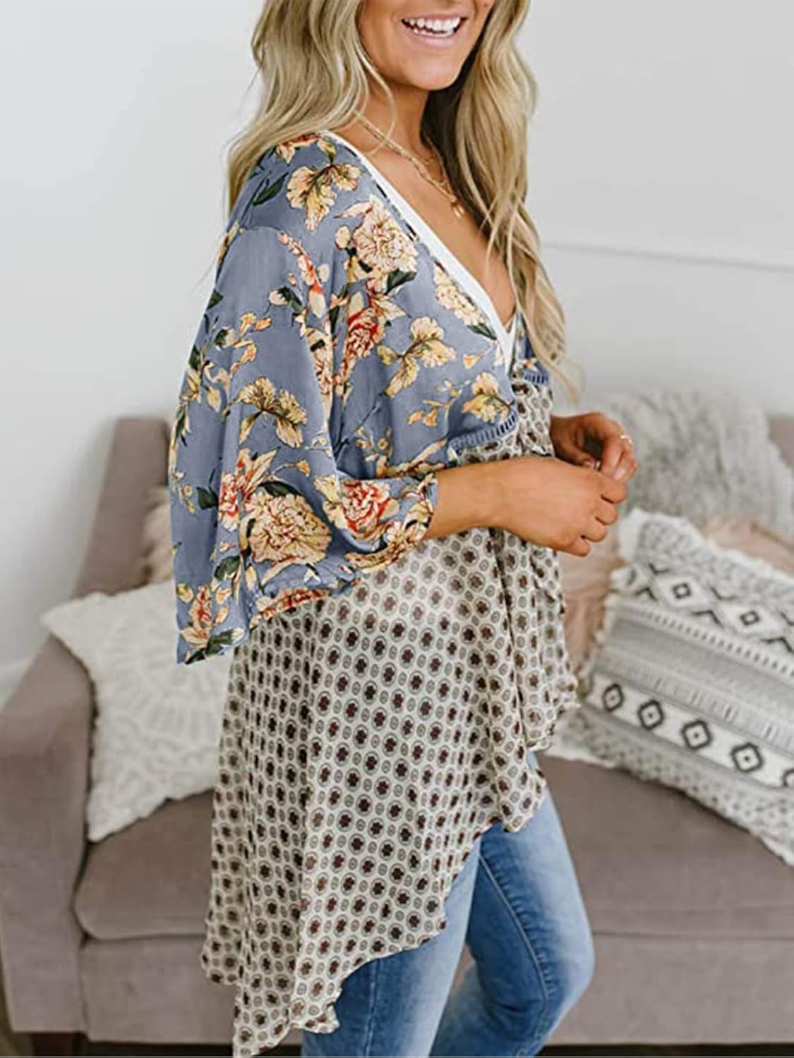 🌸Spring Sale 49% OFF🌸Women's Floral Kimono Ruffle Sleeve Tie Cardigans Flowy Boho Loose Cover Ups