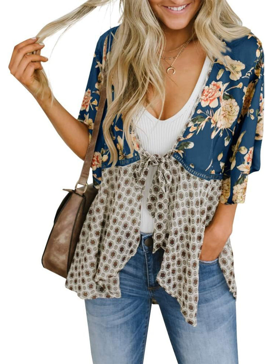 🌸Spring Sale 49% OFF🌸Women's Floral Kimono Ruffle Sleeve Tie Cardigans Flowy Boho Loose Cover Ups