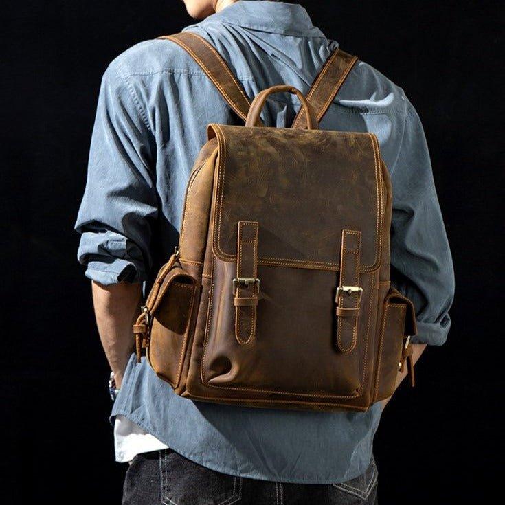 Crazy Horse Leather Backpack Fit 14" Laptop