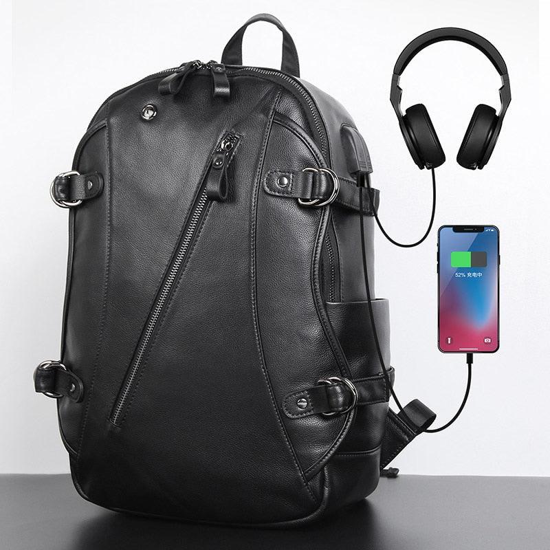 Mens Leather Backpacks for School with USB Port 15.6 Inches