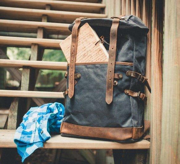 Mens Vintage Waxed Canvas Backpack Leather