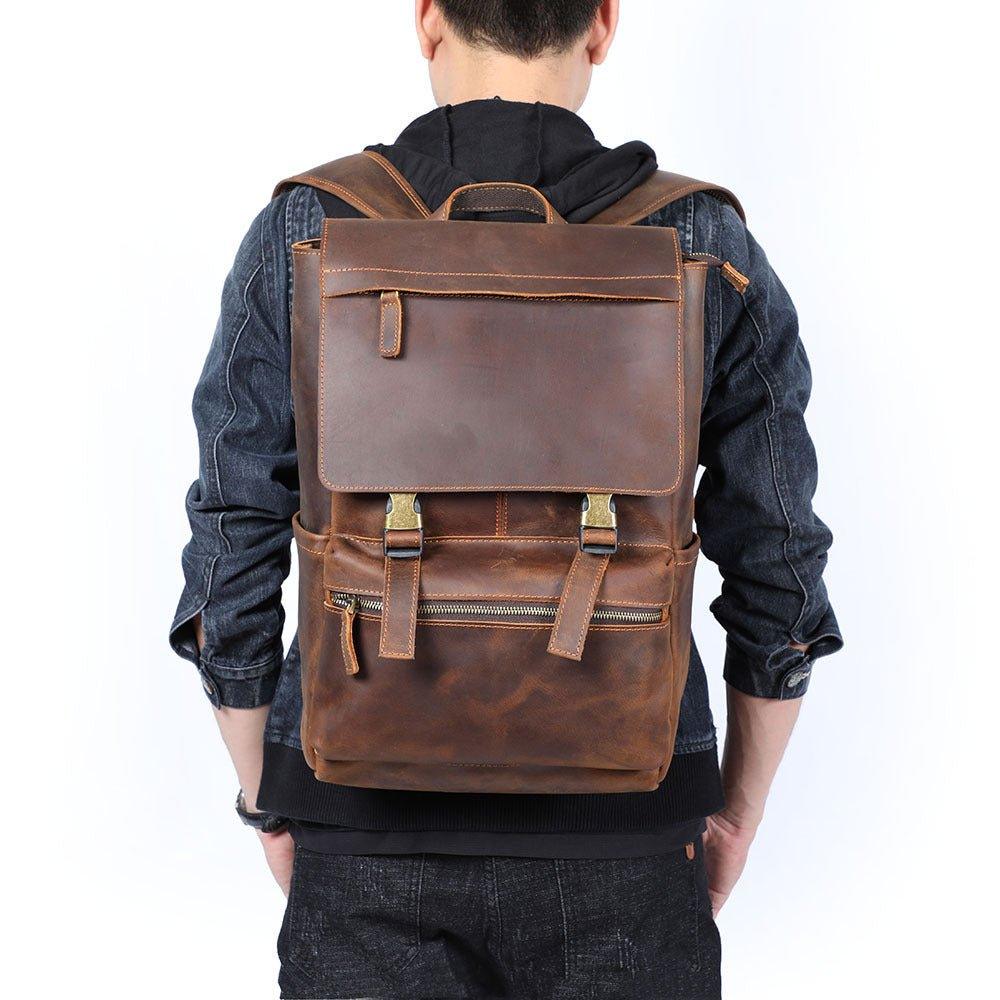 Mens Cowhide Leather Backpack for 15.6" Laptop