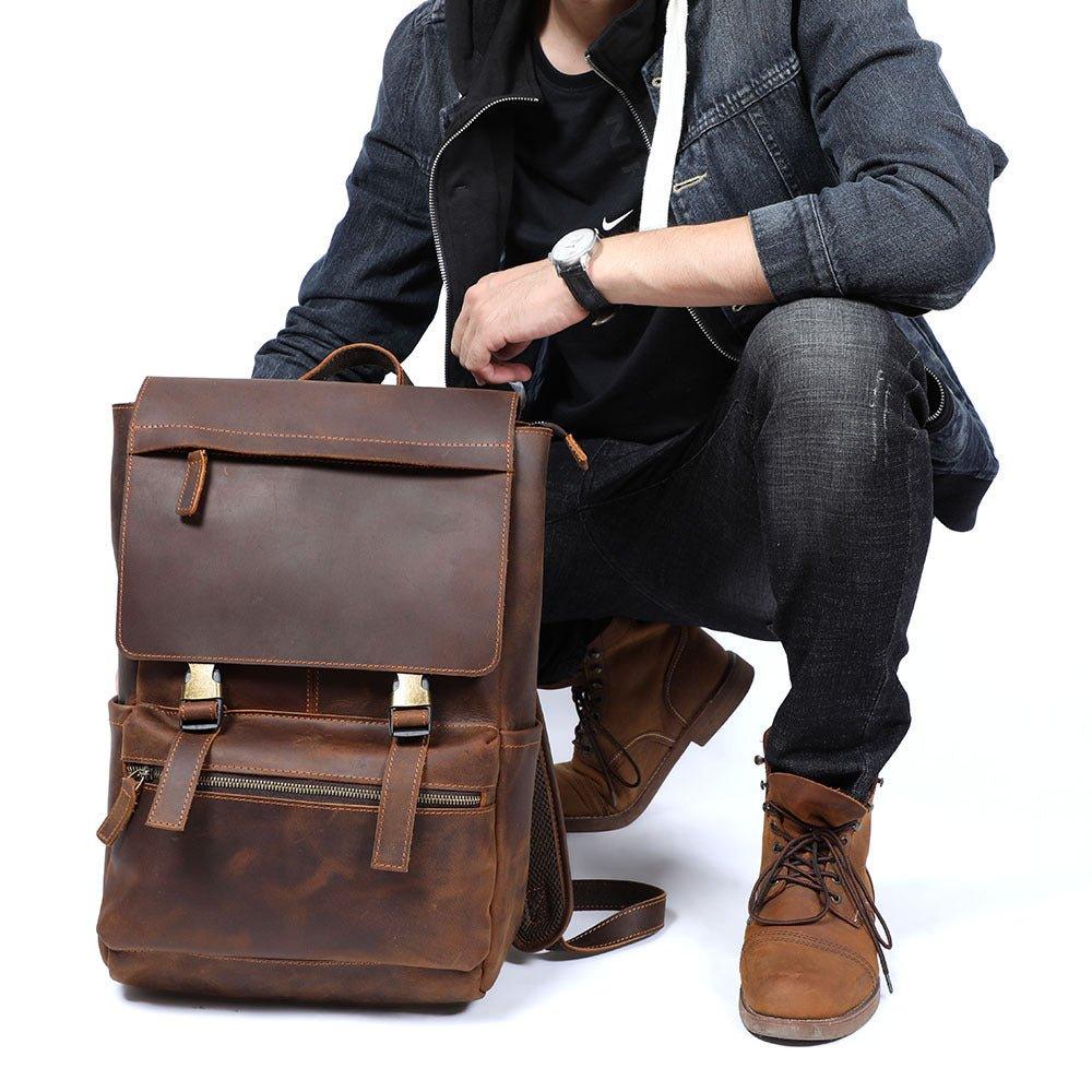 Mens Cowhide Leather Backpack for 15.6" Laptop