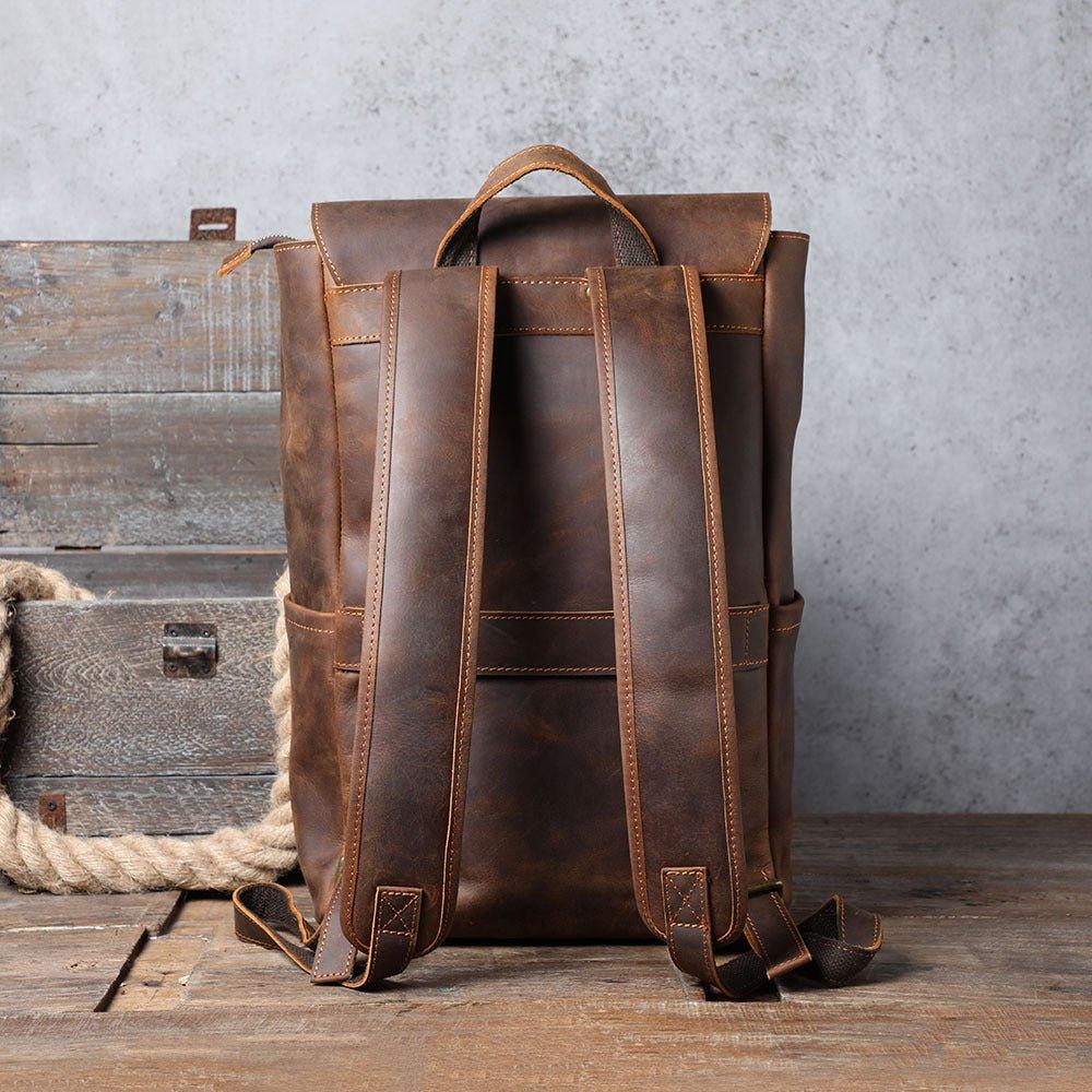 Mens Cowhide Leather Backpack for 15.6" Laptop