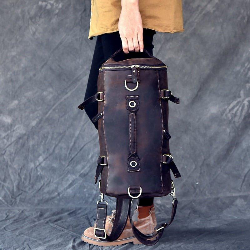 Mens Vintage Genuine Leather Cylindrical Backpack