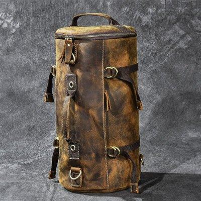 Mens Vintage Genuine Leather Cylindrical Backpack