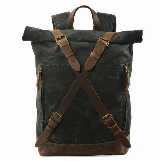 Mens Roll Top Canvas Backpack Vintage Rucksack