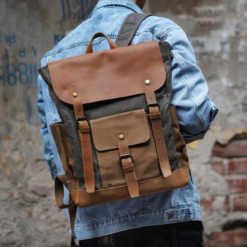 Vintage Waxed Canvas Backpack Laptop Mens