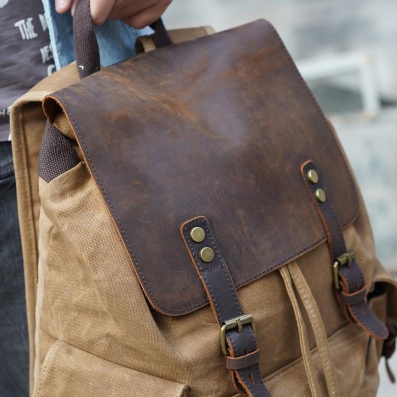 Vintage Waxed Canvas and Leather Backpack Rucksack Travel