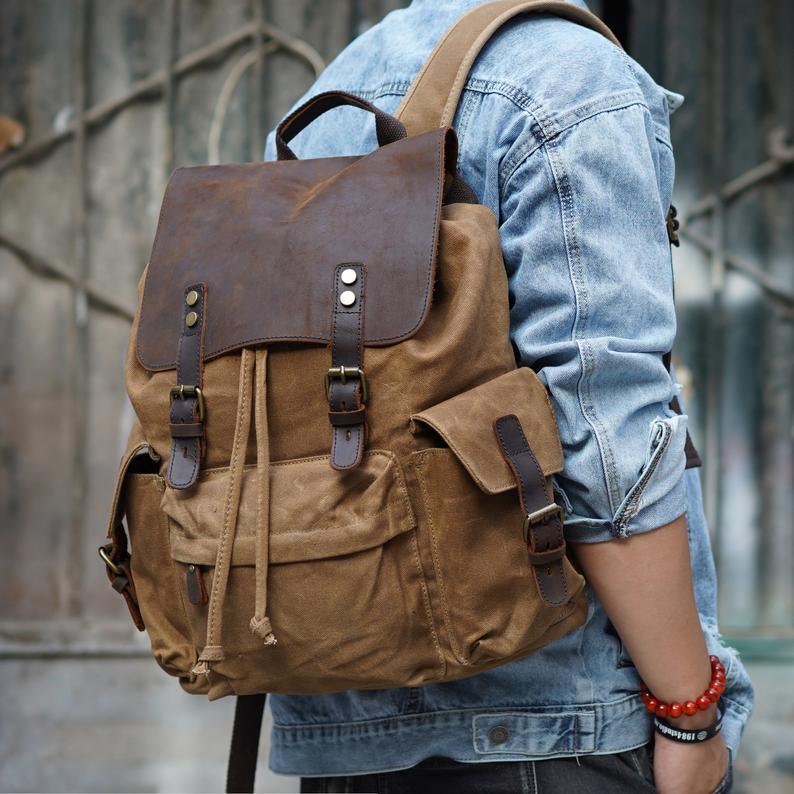 Vintage Waxed Canvas and Leather Backpack Rucksack Travel