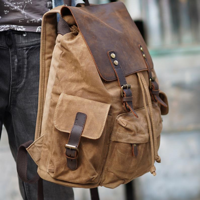 Vintage Waxed Canvas and Leather Backpack Rucksack Travel