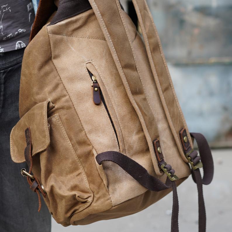 Vintage Waxed Canvas and Leather Backpack Rucksack Travel