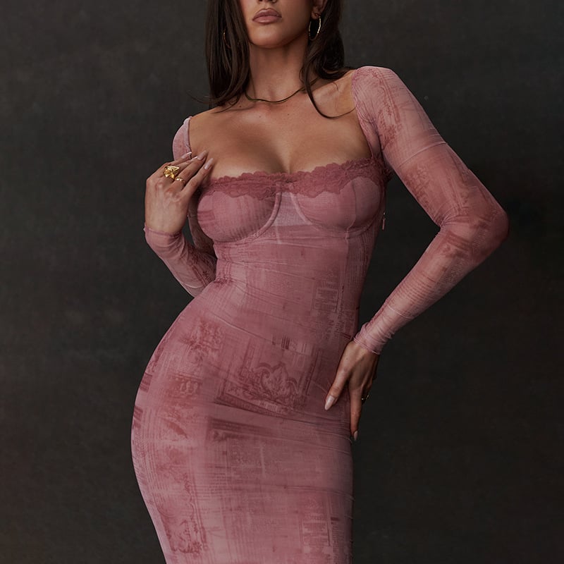 Pink Fitted Long-sleeve Dress