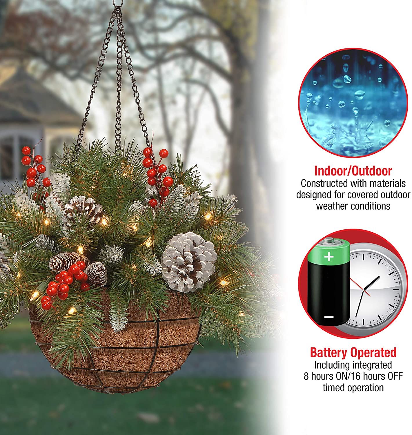 🎄Dazzling Pre-lit Artificial Christmas Hanging Basket - Flocked with Mixed Decorations and White LED Lights - Frosted Berry