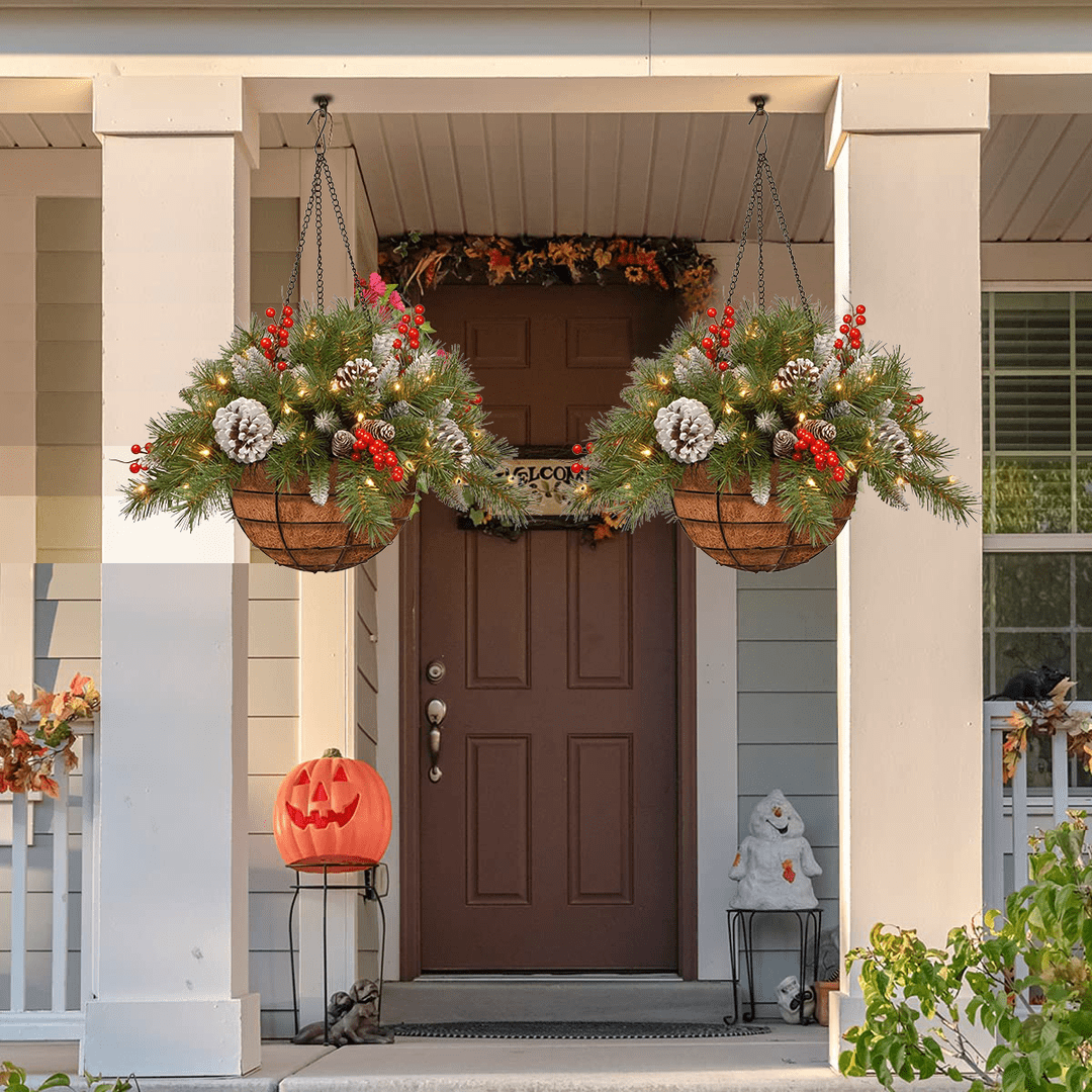 🎄Dazzling Pre-lit Artificial Christmas Hanging Basket - Flocked with Mixed Decorations and White LED Lights - Frosted Berry